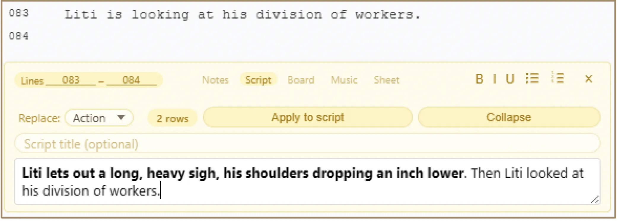 Script injection showing Lines Range field and Line Counter